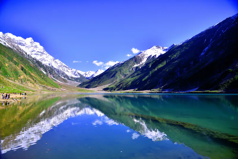 Snowy peaks reflected in a still lake in Kaghan Valley