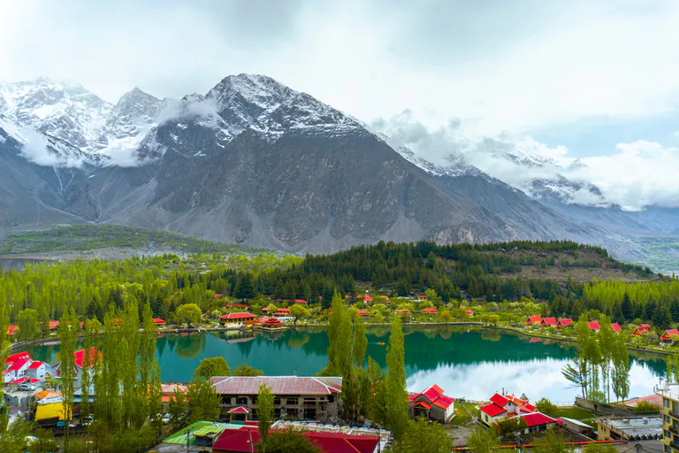 Shangrila lake in Skardu beneath snow-capped Karakoram peaks